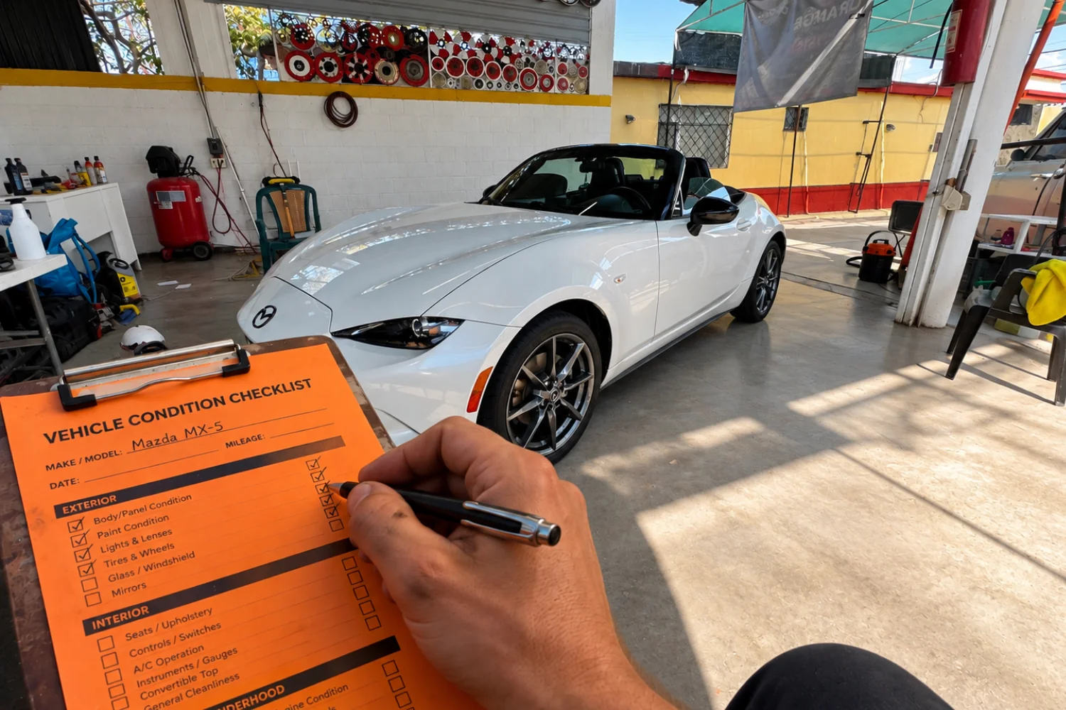 Inspección de entrada firmada de un Mazda MX-5 en el taller de Orange